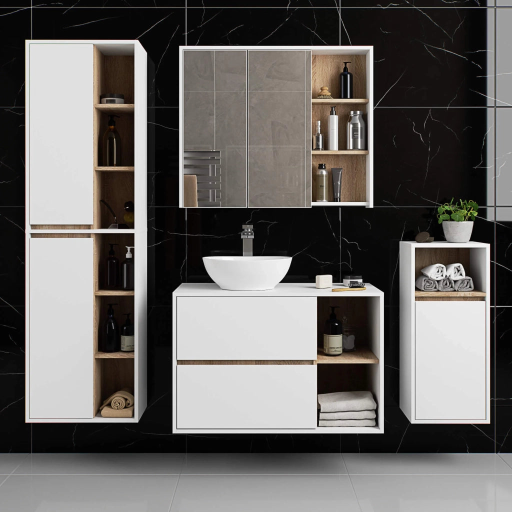 Pensile bagno con specchio VAMI Bianco, Sonoma Quercia 90 cm 2 ante 90x15x75 cm