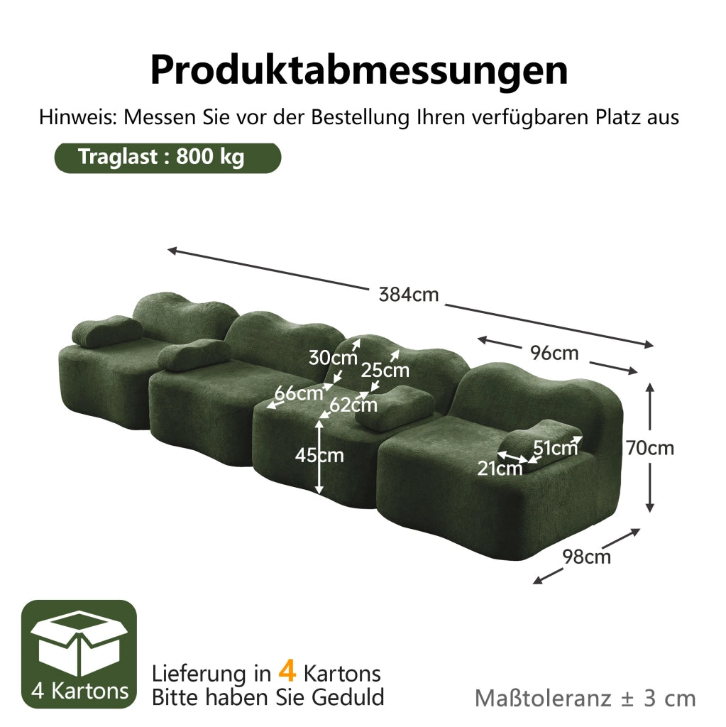 Divano modulare ad angolo in velluto verde 384x98x70 cm con seduta profonda e pouf collegabile
