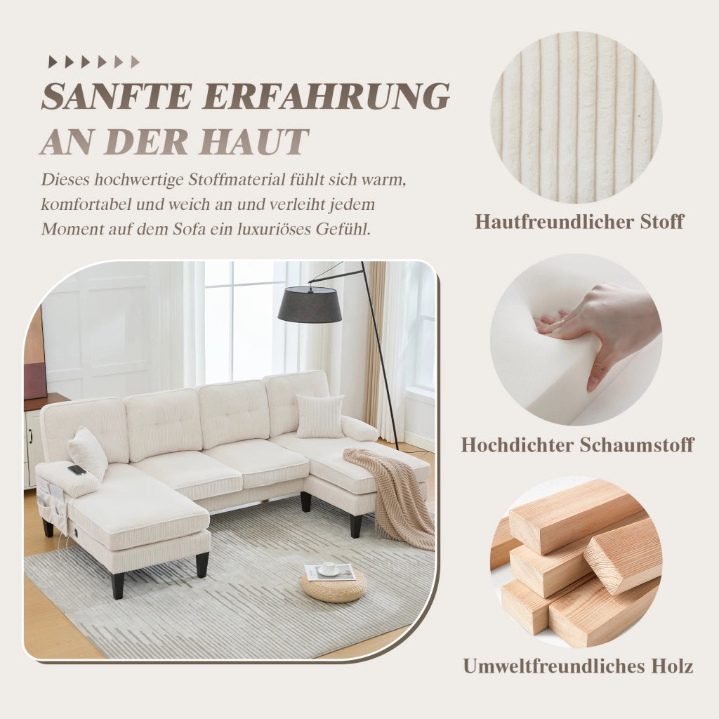 Divano a U 4 posti in corduroy con tasche laterali, schienale ergonomico e seduta imbottita beige 250 × 130 × 88 cm