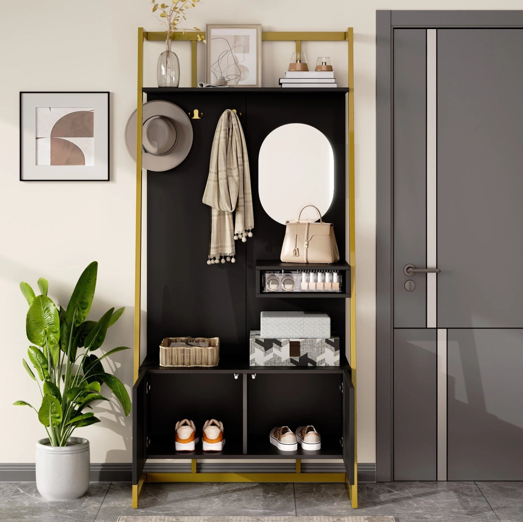 GUARDAROBA Compatto con Specchio e Scarpiera 78x38,5x180,5 cm Nero MDF e Metallo