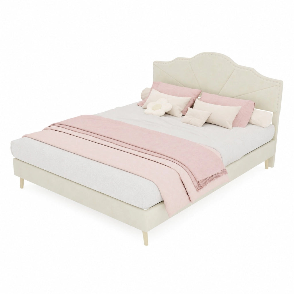 Letto matrimoniale imbottito con testiera geometrica 140x200 cm; tessuto beige