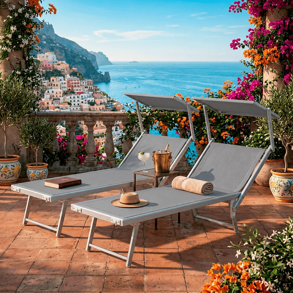 Coppia Di Lettini Grigio Prendisole Pieghevole Professionale In Alluminio Tettuccio Orientabile Tettino Parasole Sdraio Lettino Prendi Sole Mare Spiaggia Piscina Giardino 182 x 60 x 38 cm