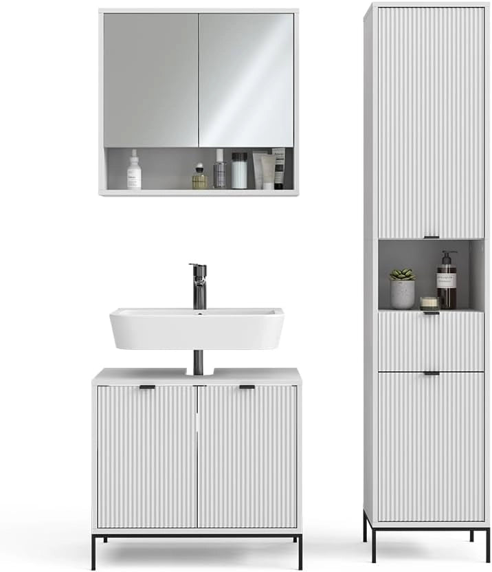 Set di mobili per il bagno Eliza, Bianco, 70 cm, composto da mobile sottolavabo, specchiera e colonna alta