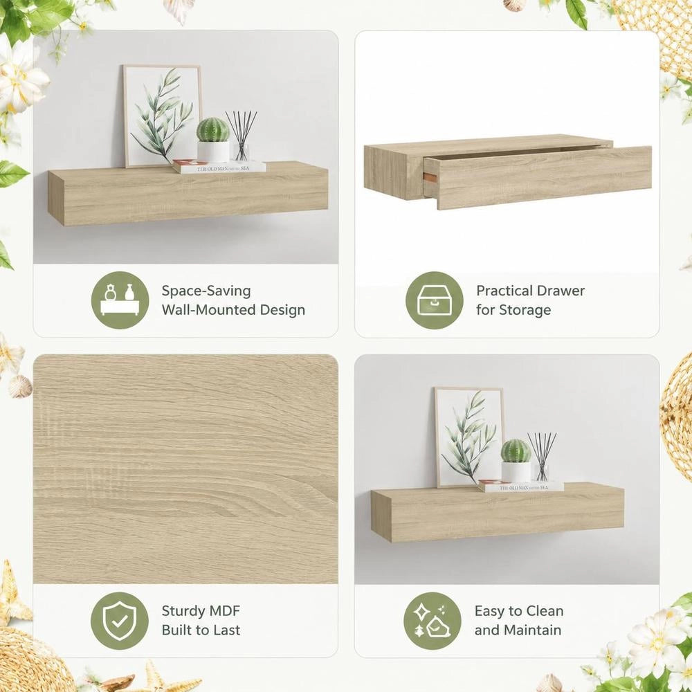 Wall Shelf With Drawer, Oak Look, 60x23.5x10 Cm, MDF