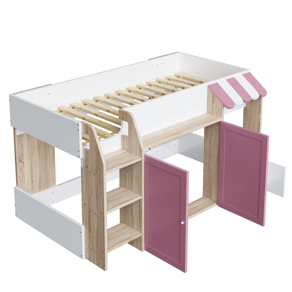 OKWISH Letto a soppalco bambino 90×200 cm, Letto Singolo con Scala Larga, Contenitori e Mensole, senza Materasso, in Legno, Rosa e Bianco