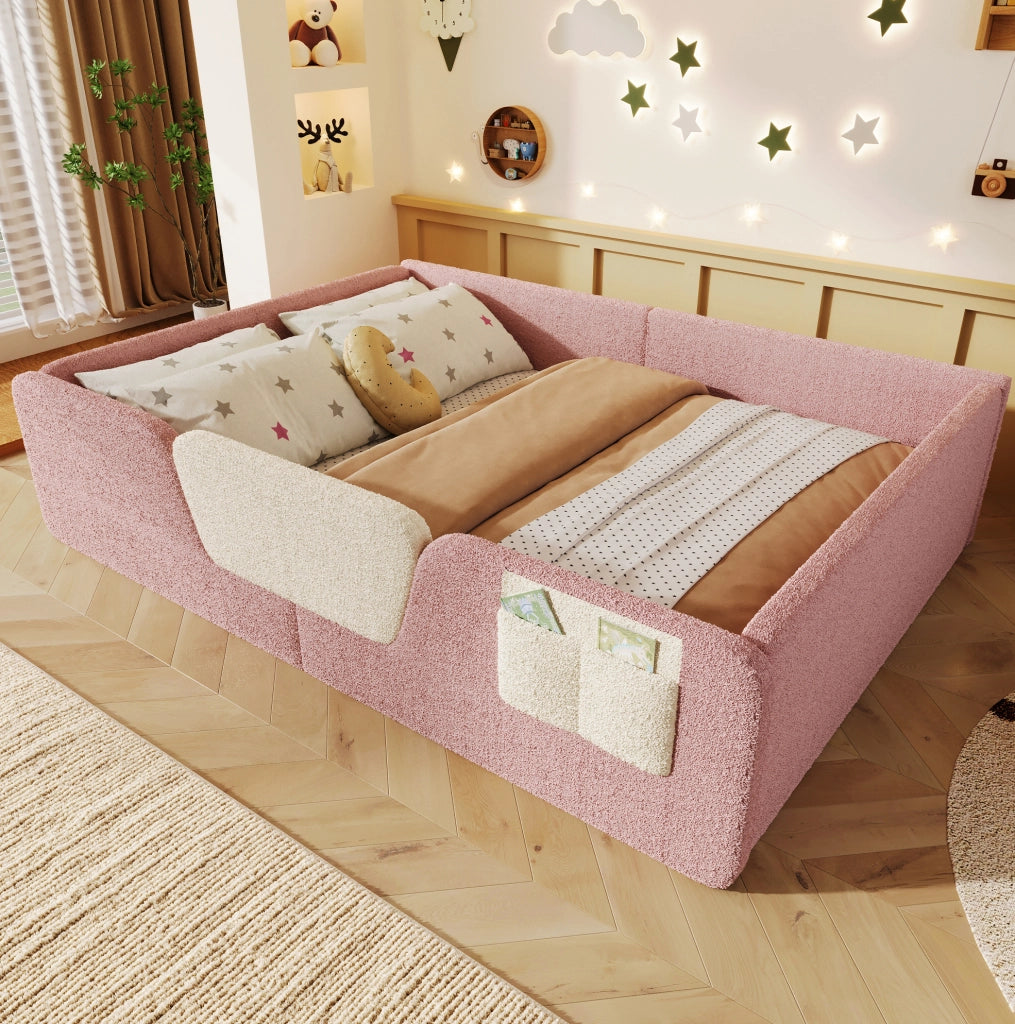 Letto imbottito per bambini 140 x 190 cm in velluto rosa con sponde rimovibili