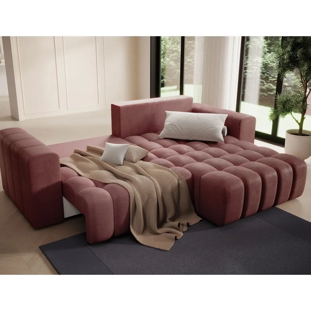 Divano angolare trasformabile DORY rosa 250 cm con vano contenitore angolo destro