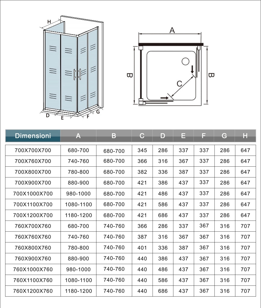 H.195 cm Box Doccia a 3 Lati 80x80x80 cm Porta Scorrevole 80 cm Doppia Parete Fissa da 80 cm in Vetro Trasparente Anticalcare da 6mm Cromato Lucido
