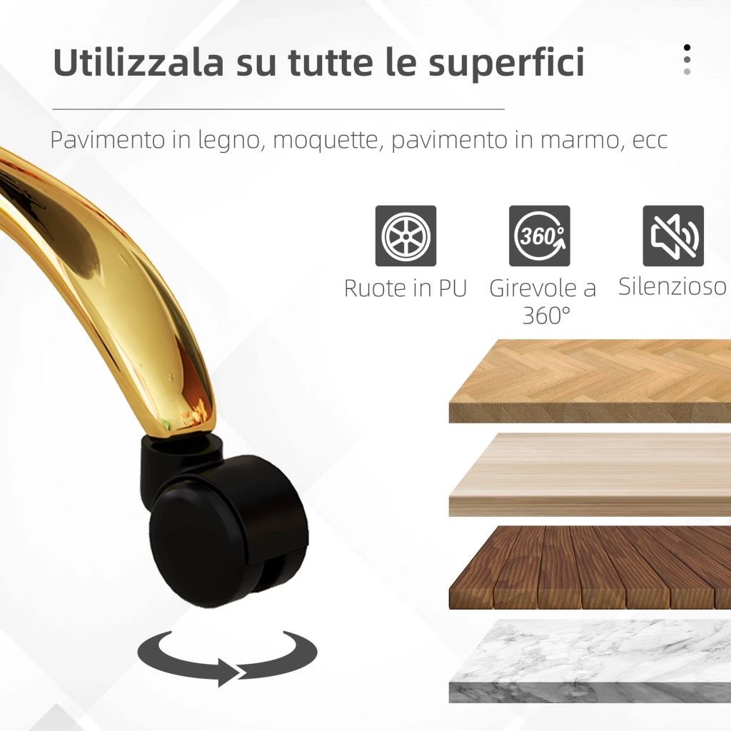 Sedia da Ufficio Design Moderno con Seduta Girevole e Rivestimento in Tessuto Teddy Bianco e Oro