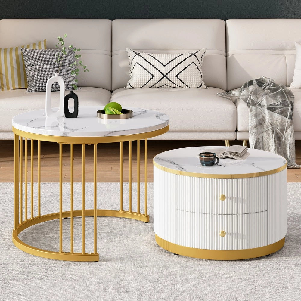 Set 2 Tavolini da Caff¨¨ Rotondi ¨C Xylo ¨C Bianco Lucido Effetto Marmo, 2 Cassetti, 60x60x45 & 50x50x32