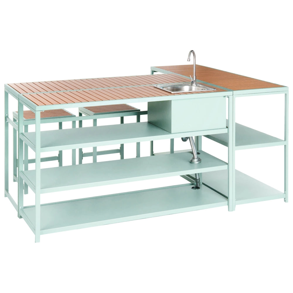 Set cucina da esterno con lavello 6 elementi acciaio verde chiaro con tavolo bar a 2 posti cucina all'aperto stile moderno