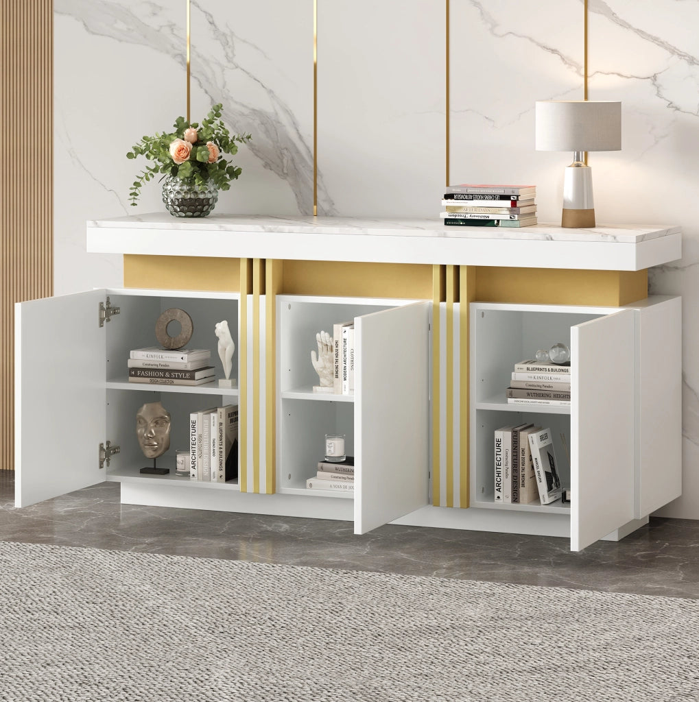Credenza moderna bianca 140 x 38 x 70 cm con 3 ante e vani regolabili