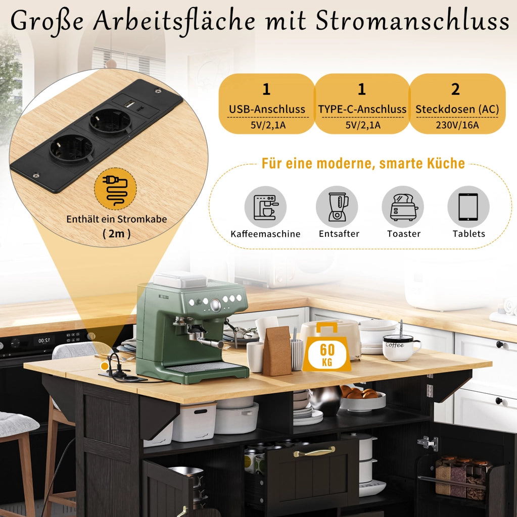 Isola da cucina mobile con piano pieghevole; prese AC USB e USB-C; MDF nero e naturale
