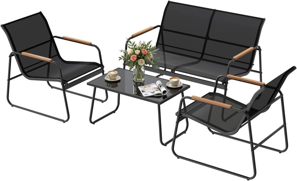 Set di Mobili da Esterno 4 Pezzi, Tavolo, Divano e 2 Sedie, Salotto da Giardino Resistente alle Intemperie, Struttura in Metallo, Tessuto Traspirante, per Balcone, Patio, Terrazza, Nero