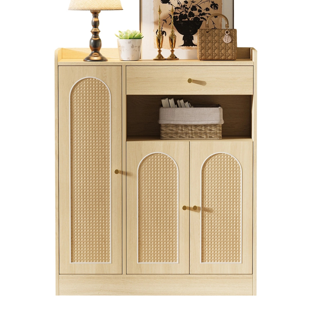Armadio portascarpe in rattan con 1 cassetto e 3 ante, struttura in MDF e truciolare, colore naturale, 90 x 35 x 110 cm