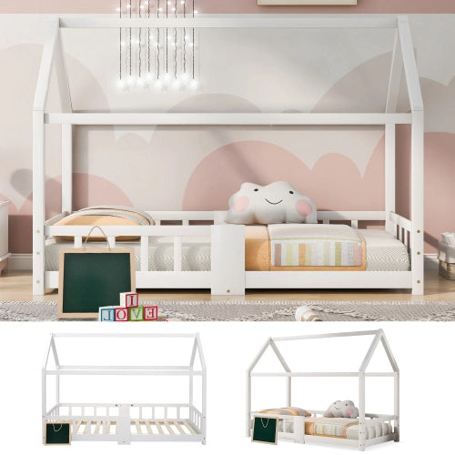 Letto Casetta per Bambini in Legno di Pino ¨C MINIMAL ¨C 90x200, Bianco con Rete a Doghe