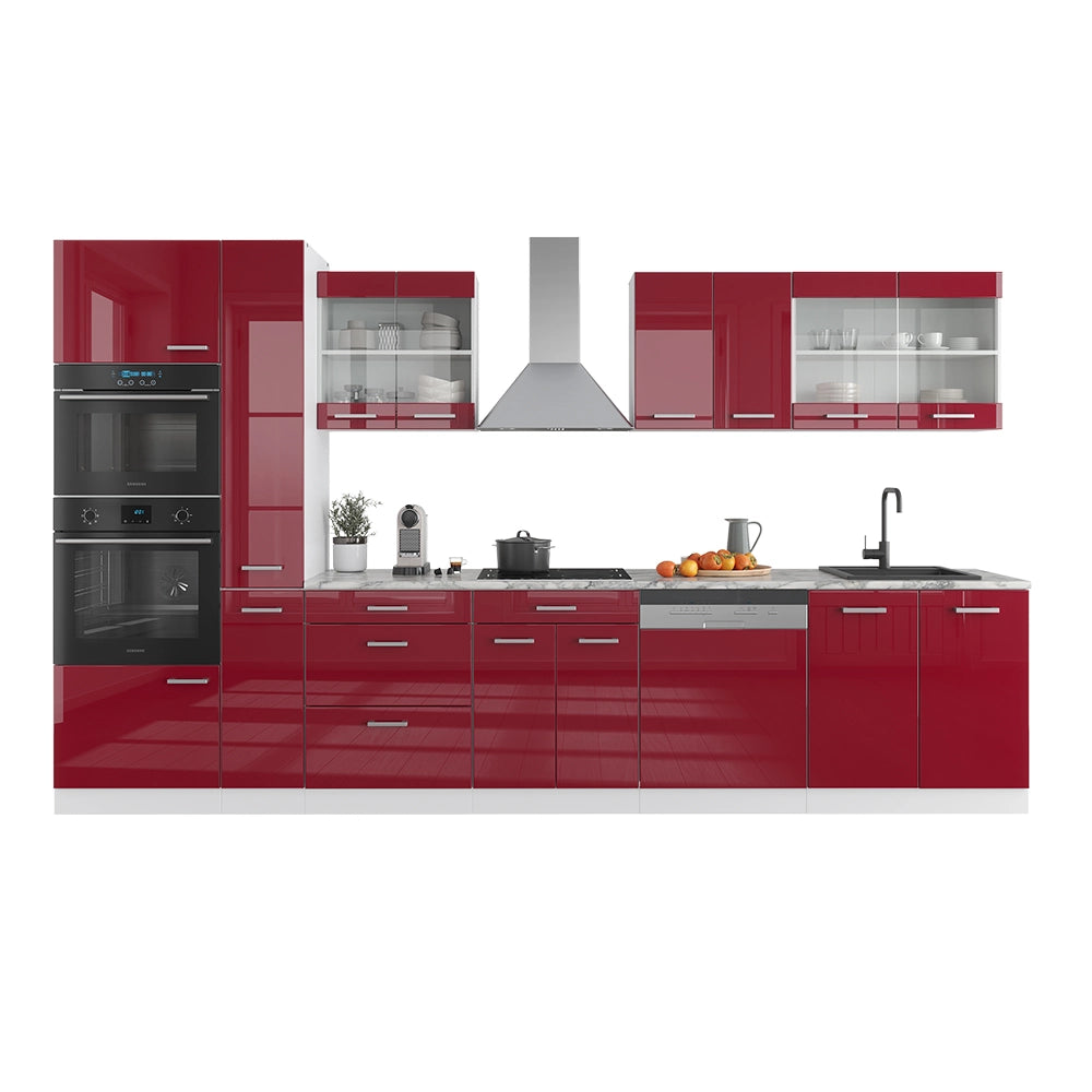 Mobile da cucina R-Line Rosso lucido/Bianco 350 cm con armadio alto, PL Antracite Vicco