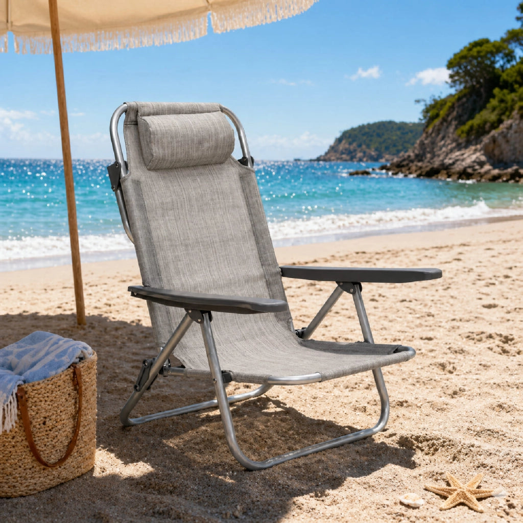 Spiaggina Reclinabile Da Mare Con Poggiatesta Imbottito Sedia Pieghevole Trasformabile In Lettino Per Campeggio Spiaggia Relax Outdoor 48.5 x 60 x 80 Cm Grigio