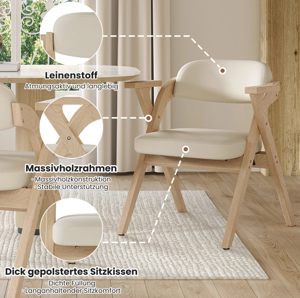 Set di 2 sedie da pranzo pieghevoli in legno massello con cuscino in lino beige