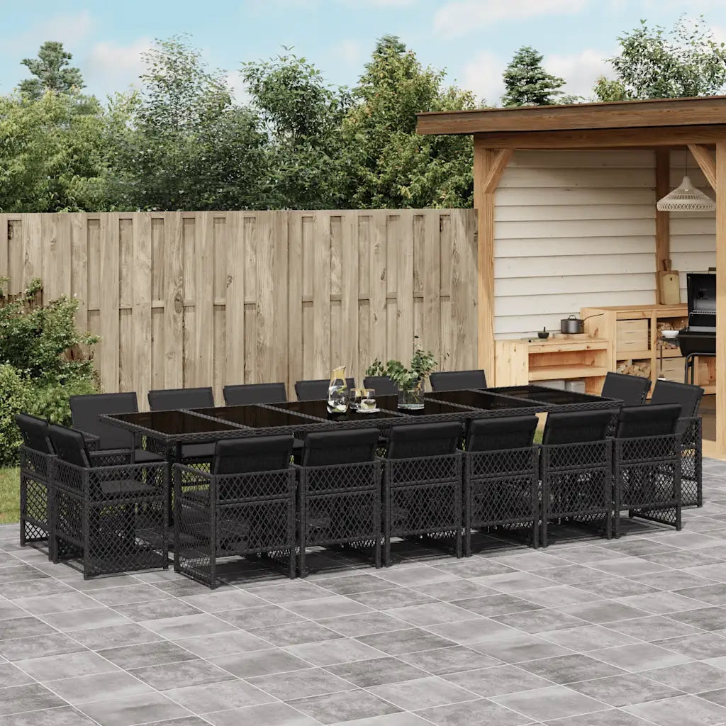 Set da Pranzo da Giardino 17 pz con Cuscini Nero in Polyrattan