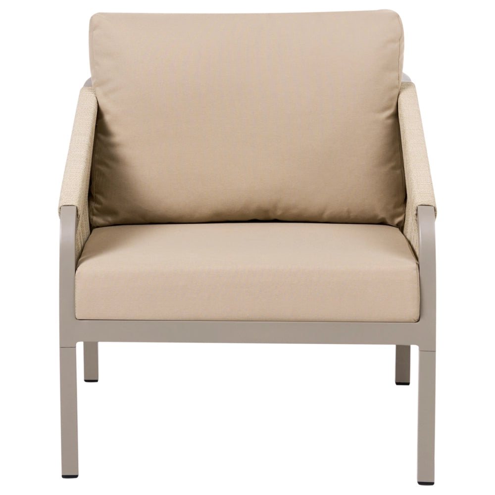 Set di divani da giardino a 5 posti Struttura in metallo beige Divano a 3 posti Poltrone con cuscini Stile moderno