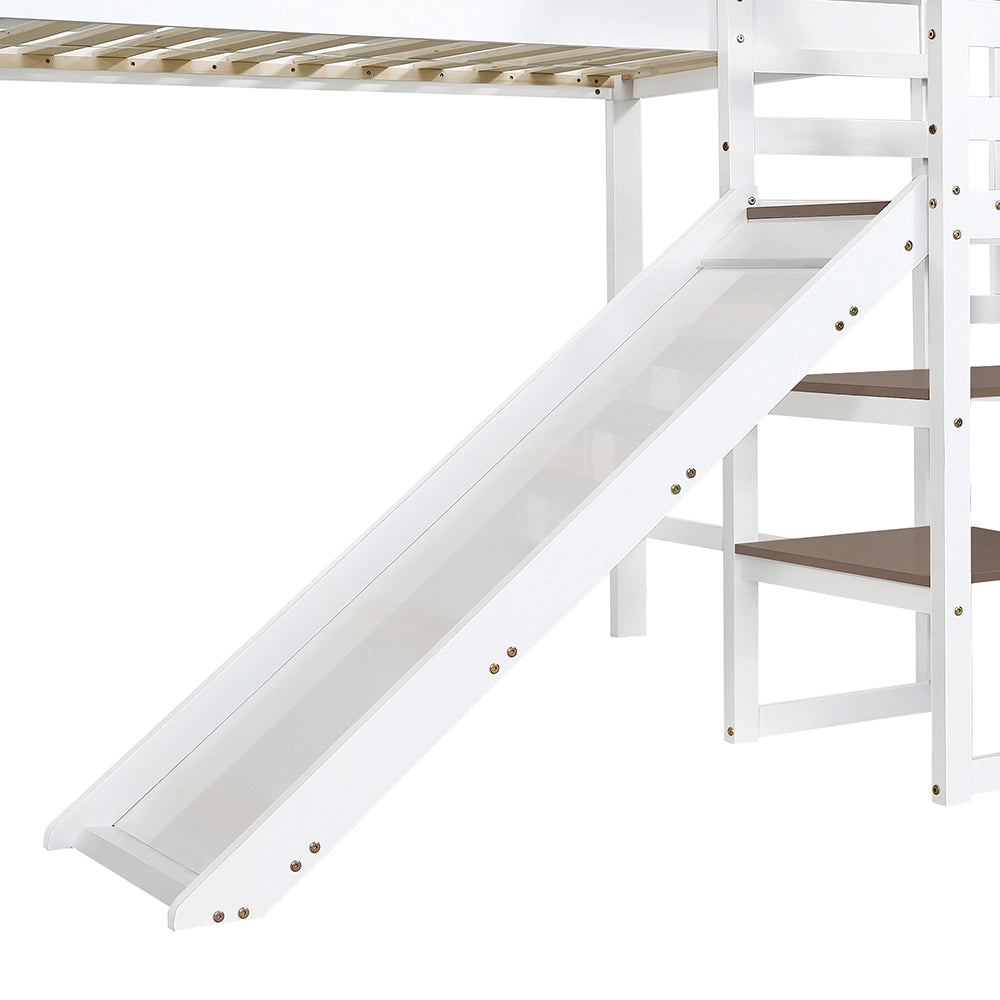 Letto a castello con scivolo e finestra - Xylo - 90x200cm bianco/marrone, 2 ripiani