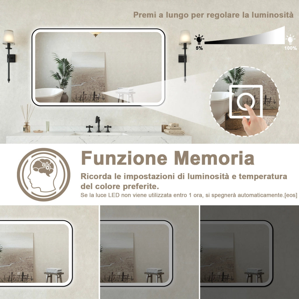 Specchio bagno Rettangolare 70x50cm Retroilluminato Con Led, Antiappannamento + 3 Luci