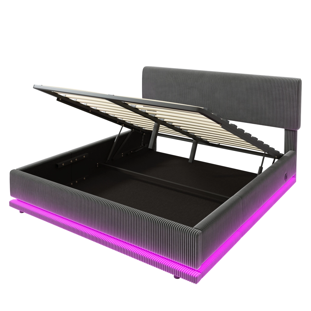 Letto imbottito 160x200 cm con LED, USB-C e contenitore