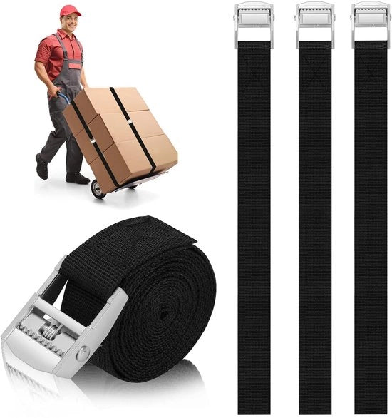 Cintura di fissaggio, 4 x 250 kg, 2 metri, cintura di fissaggio regolabile con chiusura a morsa per trasporto, carico, bagaglio, campeggio (nero), larghezza 25 mm