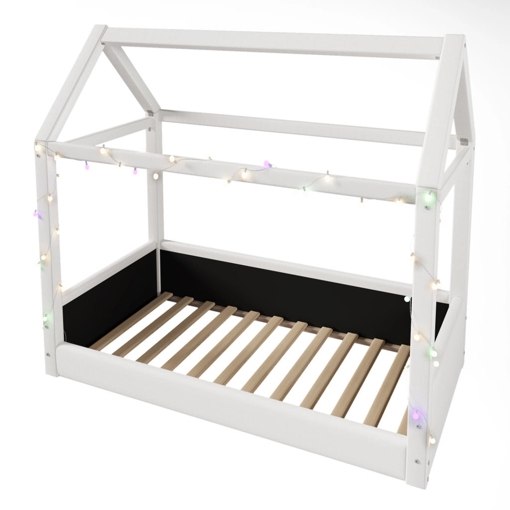 OKWISH Letto a Casetta Singolo con LED, 90×200 cm, senza Materasso, Rivestimento in Tessuto e MDF, Beige