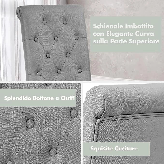 2 Seide Sala da Pranzo 43 x 61 x 100 cm, Seidie Cucina Laterali in Tessuto Rivestito con Gambe in Legno di Gomma, Tessuto di Lino Traspirante e Spugna ad Alta Densità (Grigio)
