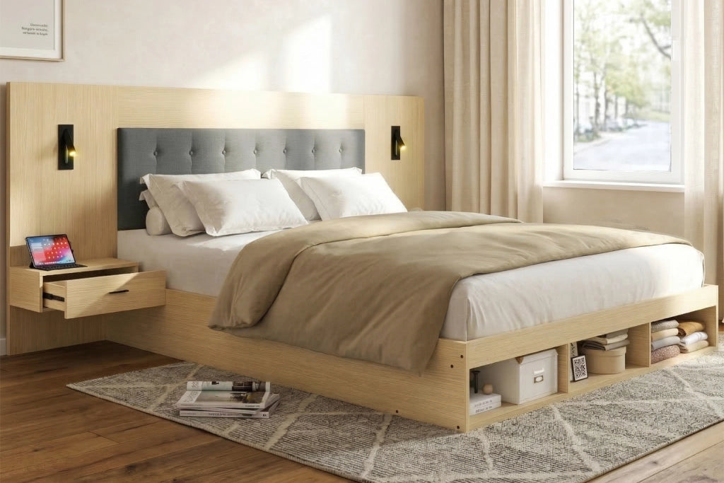 DESMIU Letto contenitore 180 × 200 cm 2 posti con USB, Type-C, luci da lettura e 2 comodini, senza materasso, rovere chiaro