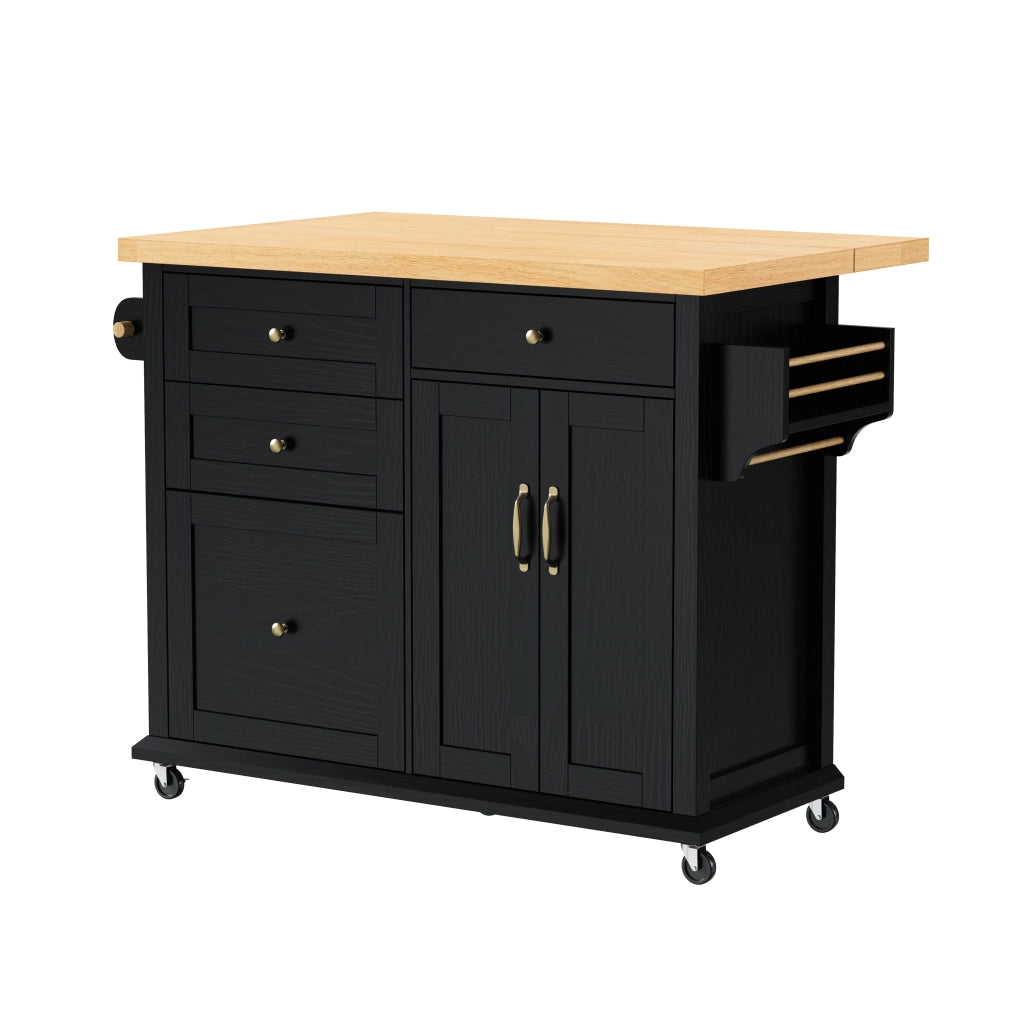 Carrello da Cucina con 2 Ante; Cassetti; Piano Estensibile; Portaasciugamani e Ruote in MDF 107 x 45-70 x 90.5 cm Nero e Naturale