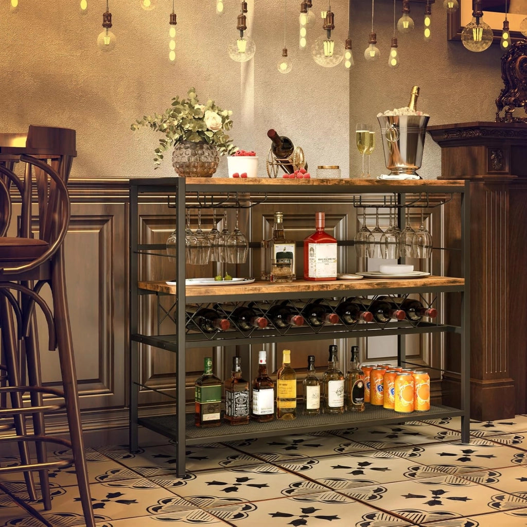 Mobile Bar Centrale con 4 Ripiani, Capacità per 7 Bottiglie e 16 Bicchieri, con 3 Scomparti Aperti e Piedini Regolabili, Adatto per Cucina e Bistrot, Marrone