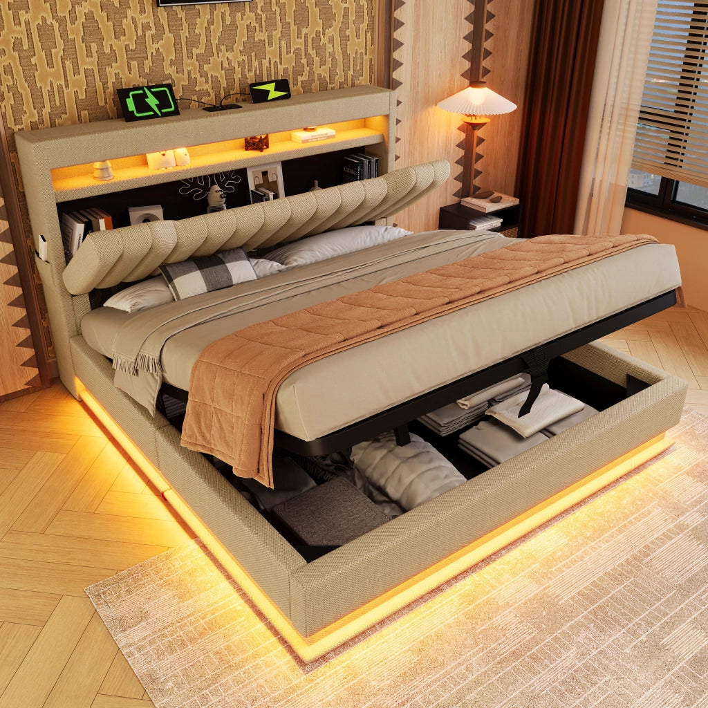 LETTO Imbottito con LED e USB/Type-C 180x200 cm Beige in Lino
