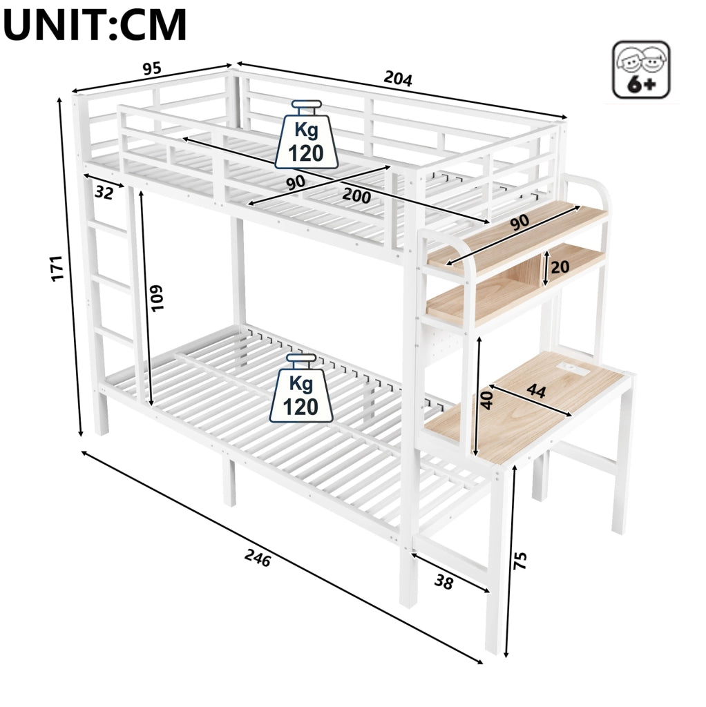 Letto a castello 90x200 cm in metallo e MDF con scrivania; ripiani; LED e USB; bianco