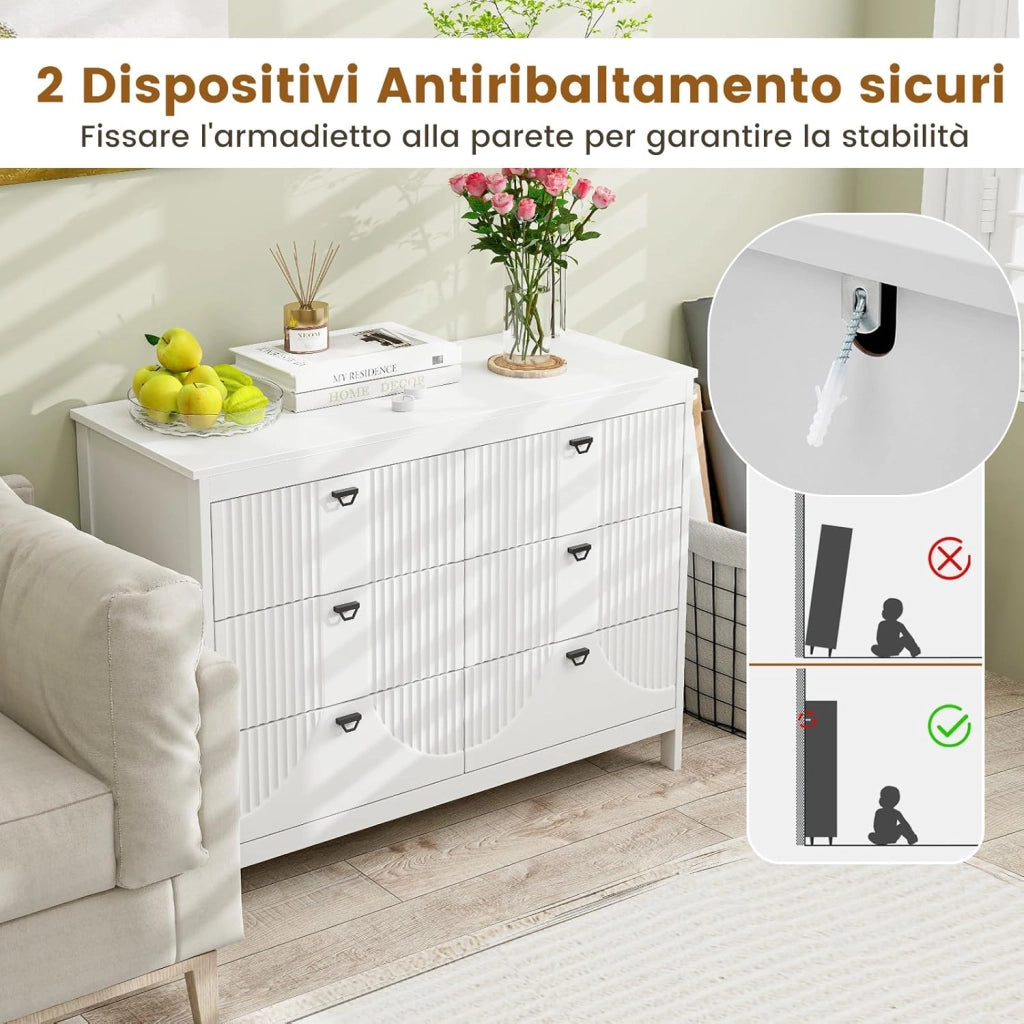 Comò a 6 Cassetti, Cassettiera Multifunzionale a 3 Ripiani, Armadio da Stoccaggio con Kit Anti-Ribaltamento, Ampio Spazio per Camera da Letto Soggiorno Ingresso, 106 x 40 x 79 cm