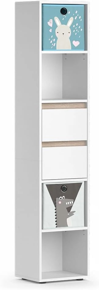 Libreria bambini Robert, Bianco, 36.2 x 171 cm con box pieghevole grigio, adatto per riporre giocattoli e libri