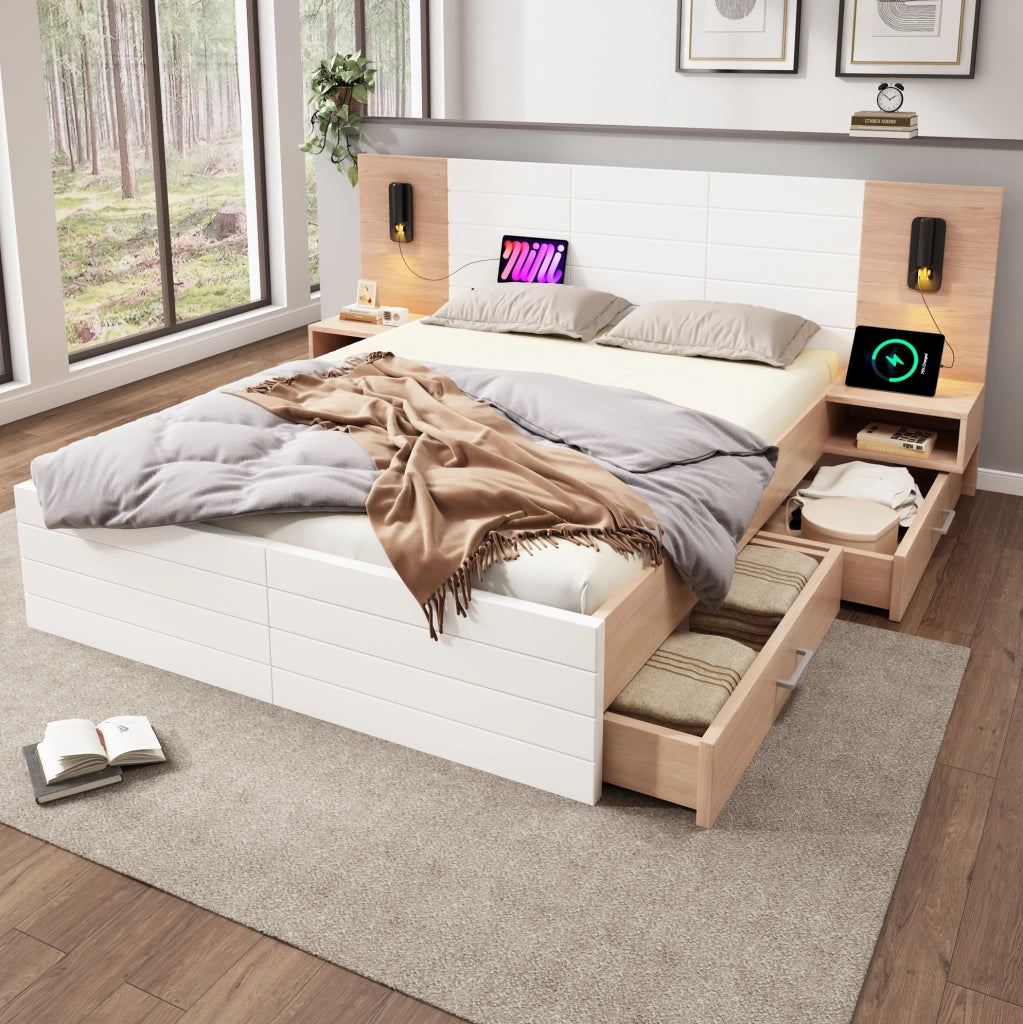 Letto matrimoniale 180x200 cm con 2 cassetti e 2 comodini; luce da lettura 360° e USB; bianco/rovere