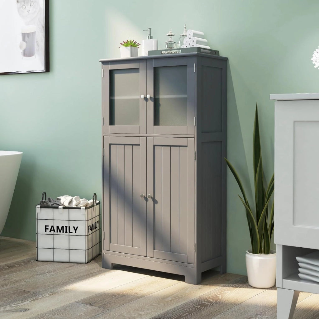 Armadietto del Bagno con 4 Ante, Armadietto con Ante di Vetro, Credenza di Legno con Mensole Regolabili, Organizer Multiuso per Casa Corridoio Salone Ufficio (Grigio)