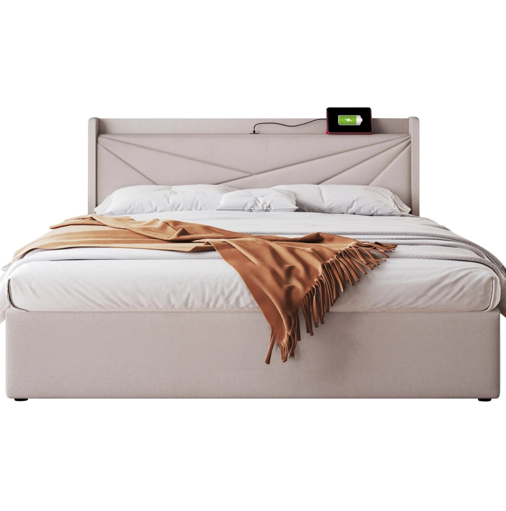 Letto matrimoniale 180x200 beige con vano contenitore, USB e USB-C
