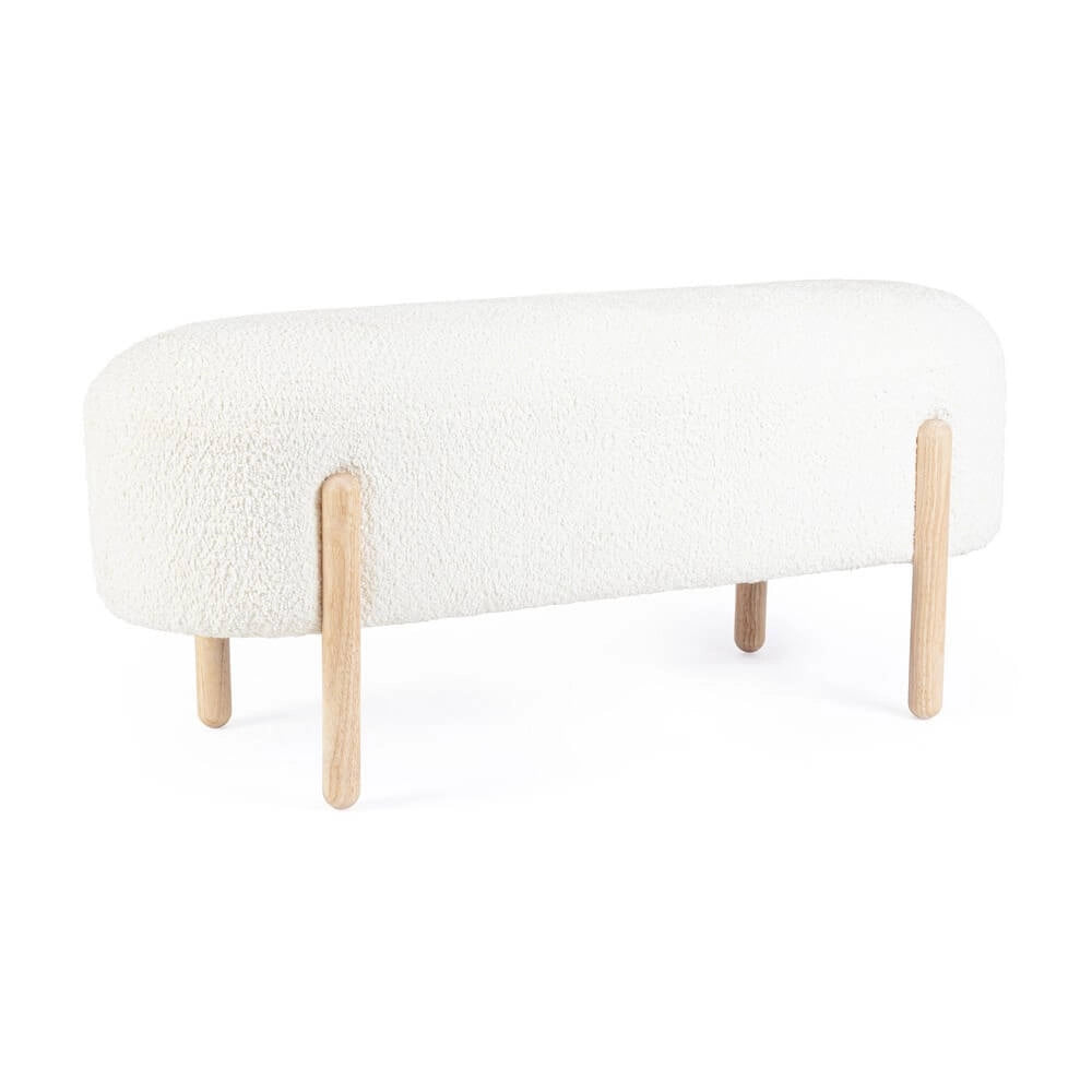 Panca imbottita effetto bouclé con gambe in legno naturale - SIENNA