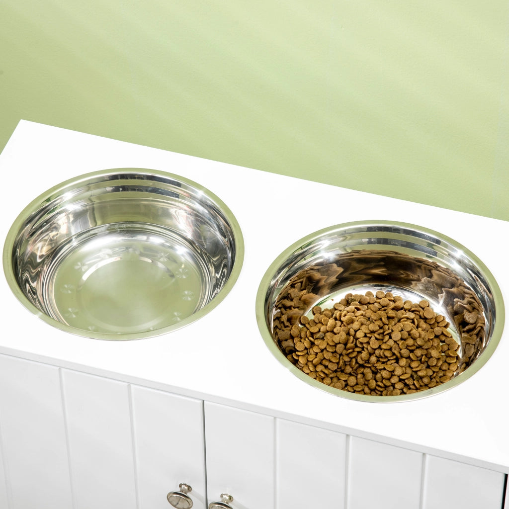 Mangiatoia per cani rialzata con 2 ciotole in acciaio inox, vano da 44 L, porte magnetiche bianca