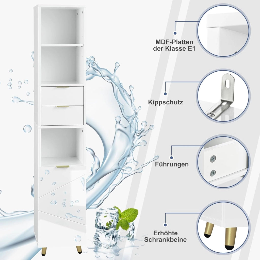 Mobile da Bagno Salvaspazio Alto e Stretto, Colonna da Bagno con 2 Cassetti, 3 Scomparti a Giorno, 1 Vano con Anta, Ripiani Regolabili, in MDF e Metallo, Bianco Lucido, 30x28,5x160cm