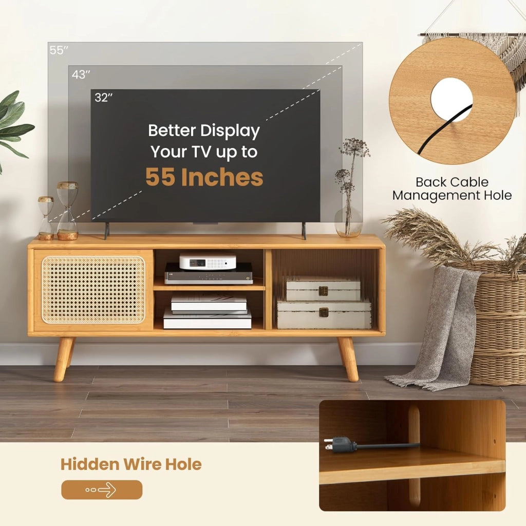 Mobile TV da 120 cm con 2 Ripiani，Supporto TV in Bambù, con Porte Scorrevoli in Rattan e Vetro Temperato,120,5x31x45,5 cm