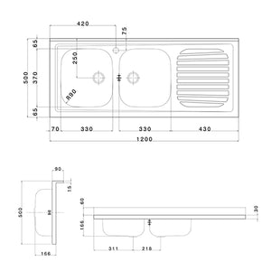 LAVELLO APPOGGIO IN ACCIAIO INOX CON 2 VASCHETTE- cm 120 gocciolatoio dx- APELL- pezzi 1