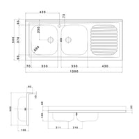 LAVELLO APPOGGIO IN ACCIAIO INOX CON 2 VASCHETTE- cm 120 gocciolatoio sx- APELL- pezzi 1