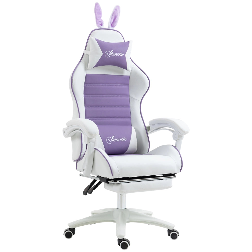 Sedia Gaming con Orecchie da Coniglio, Poggiapiedi, Cuscini, Reclinabile e Altezza Regolabile, Viola