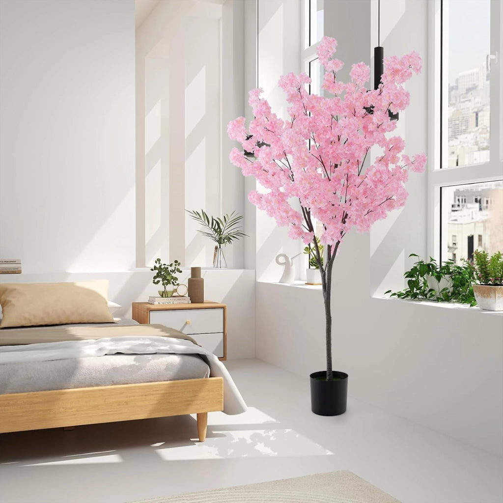 Albero di Finti Fiori di Ciliegio, Albero Artificiale con 900 Fiori Rosa, Tronco in PE Robusto, Base Riempita di Cemento, Pianta Floreale Finta in Vaso per Ufficio e Casa