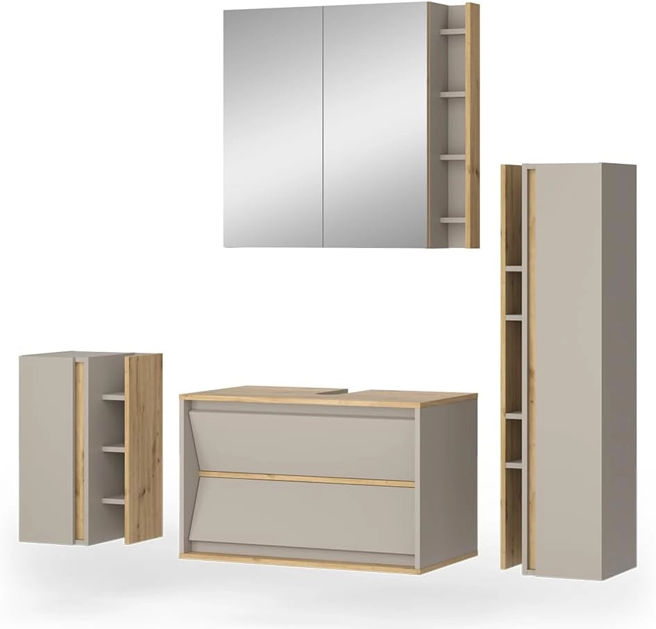Set di mobili da bagno Edelin, Antracite/Artisan, 80 cm, composto da mobile sottolavabo, specchiera, armadio medio e pensile